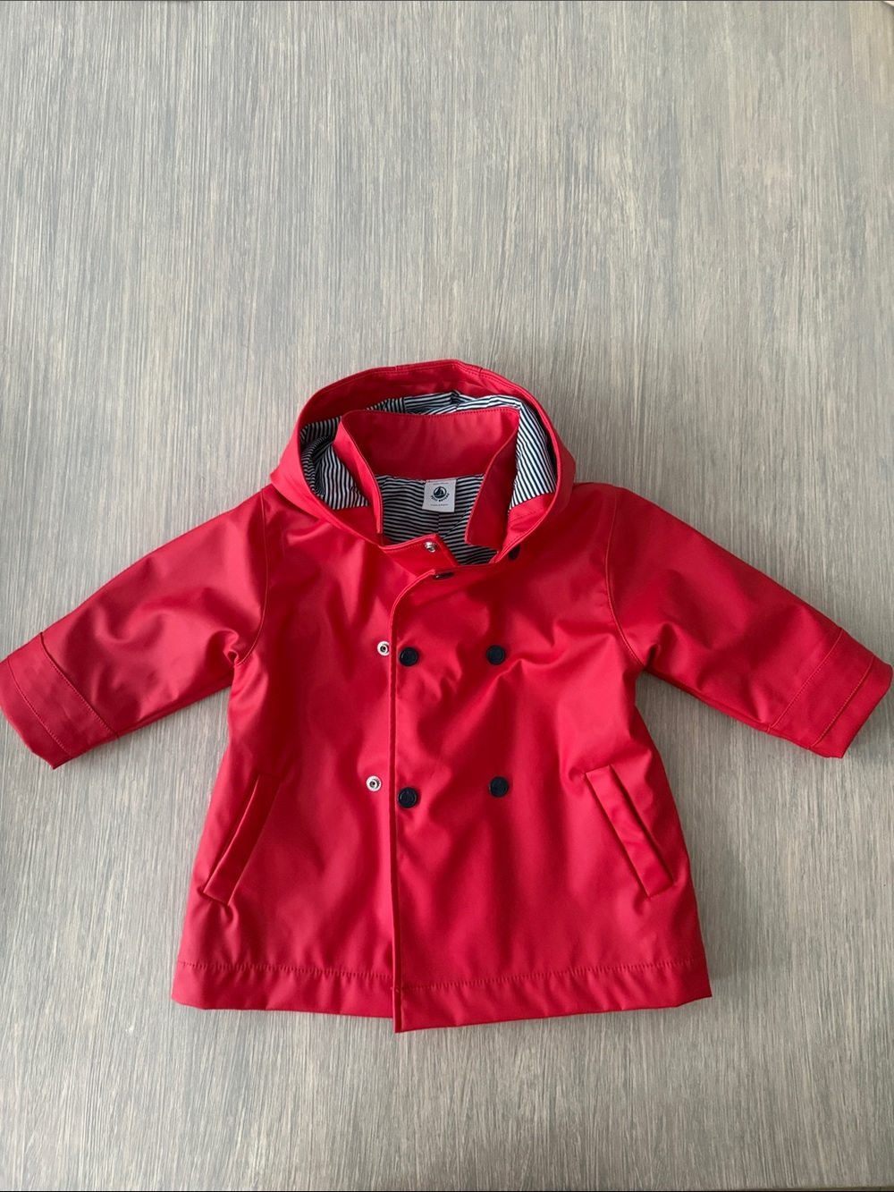 Petit Bateau Bright Red Hooded Double-Breasted Raincoat